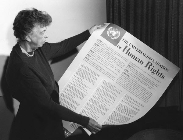 Eleanor Roosevelt holding a copy of the Universal Declaration of Human Rights, November 1949