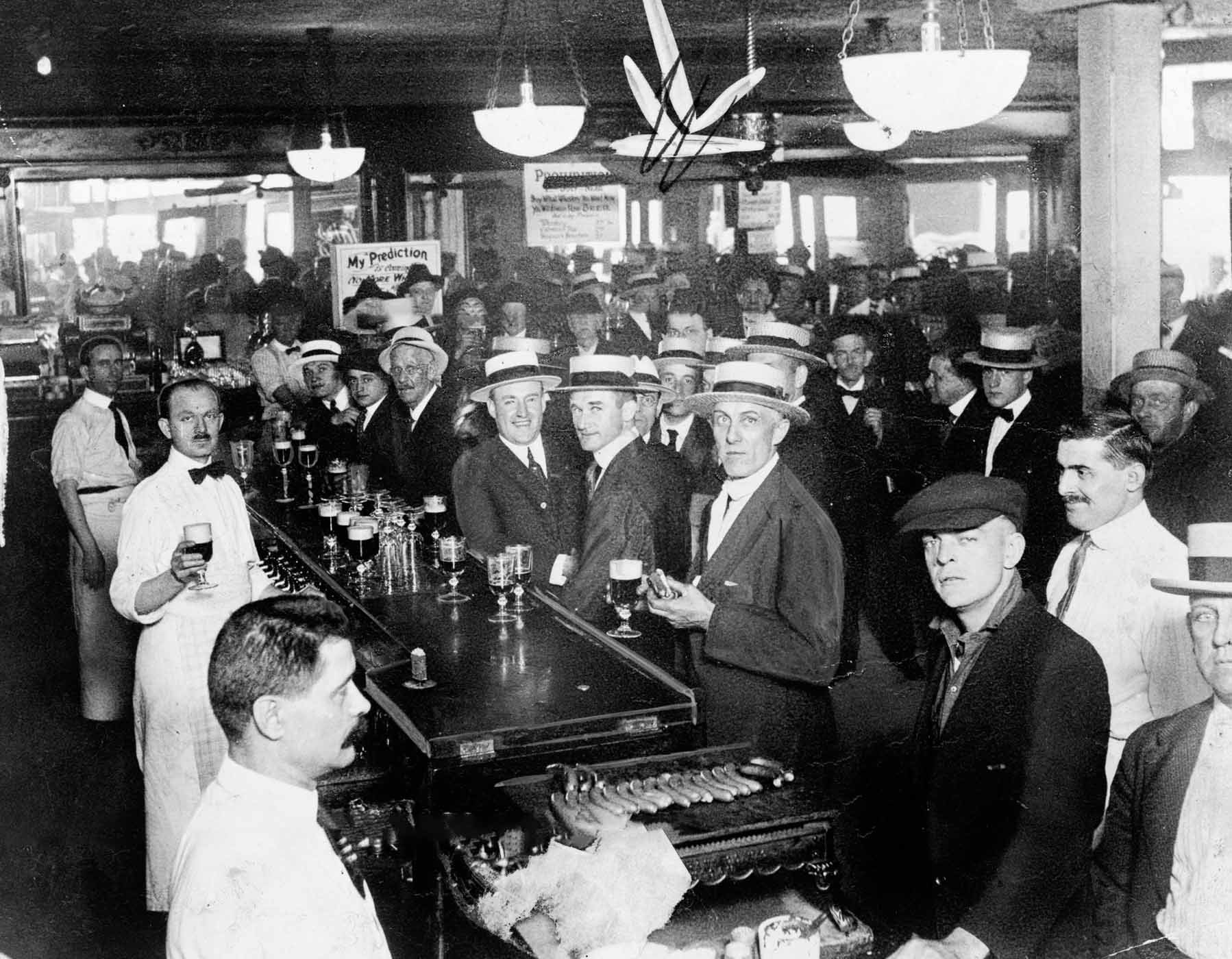 Interior of a crowded bar moments before midnight, June 30, 1919, when prohibition went into effect New York City
